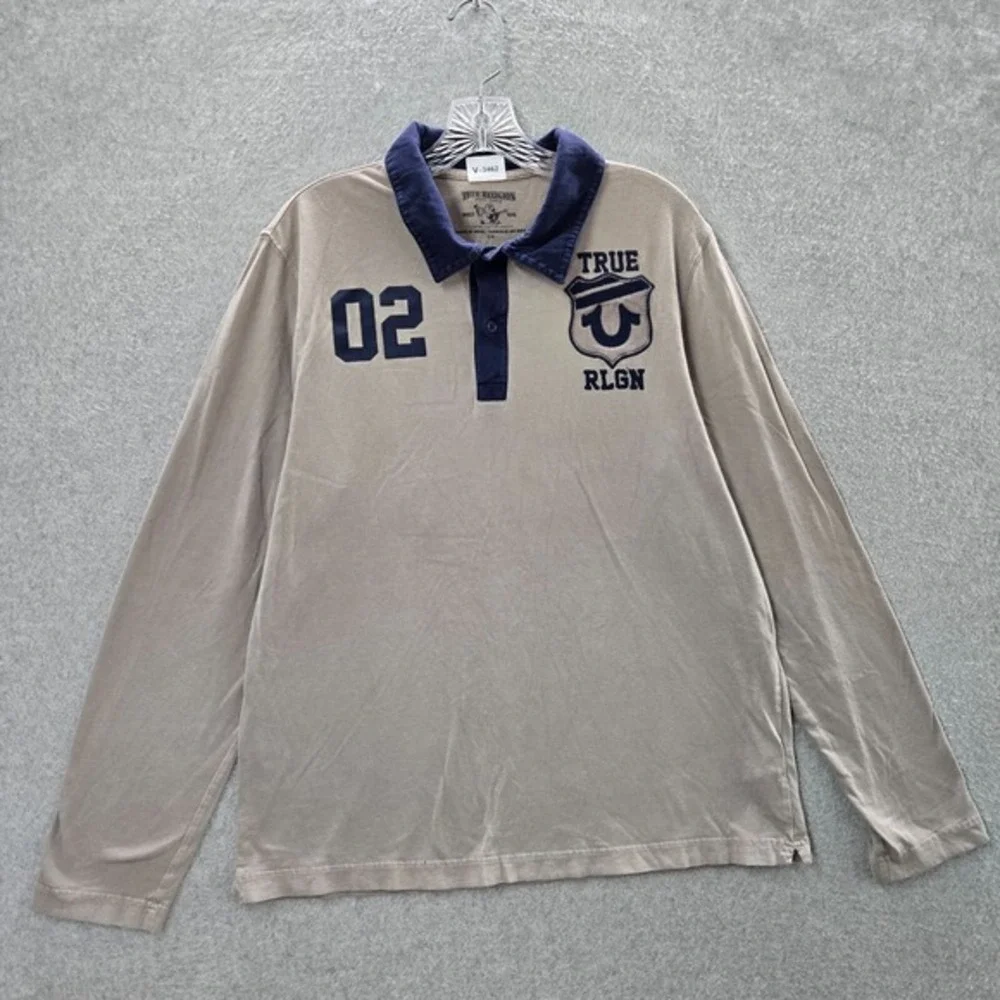 True‎ Religion Men Polo Shirt Large Beige Rugby Logo Embroidered Long Sleeve